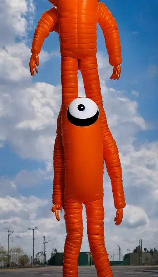 Prompt: still single slender figurine of a tall giant inflated space man action figure wearing over sized orange puffy bomber jacket, long bendy arms and legs, googly eyes, tareme eyes, small head, personification, dynamic pose, detailed product photo, tone mapped, beautiful composition, 8 5 mm, f 5. 8, soft lighting