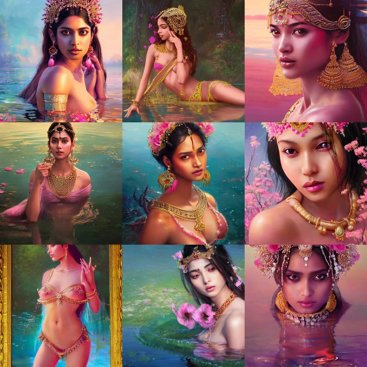 Prompt: expressive oil painting, of alluring indian princess in lake, smooth glowing skin, glistening body, ornate headpiece made from pink flowers, glamour shot, by yoshitaka amano, by greg rutkowski, by jeremyg lipkinng, by artgerm, digital art, octane render