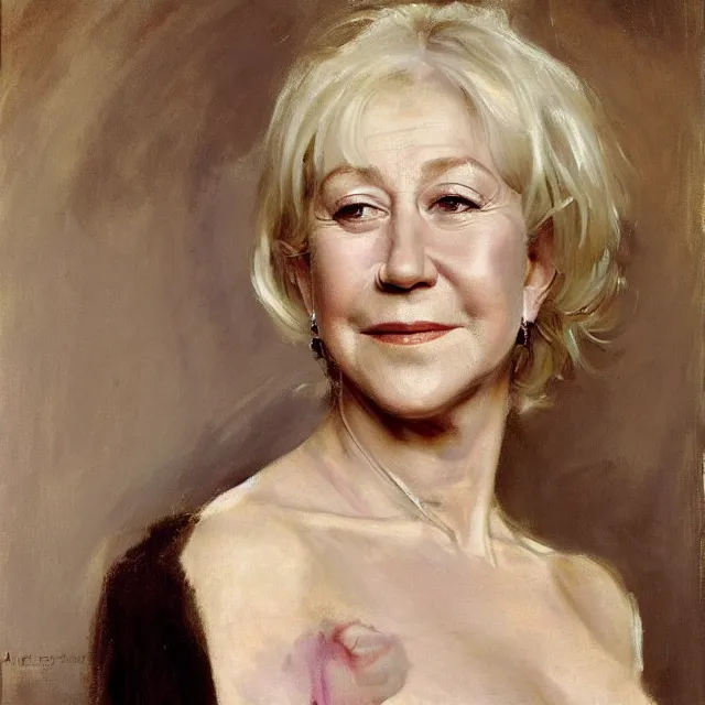 Image similar to a striking portrait of helen mirren by john singer sargent, norman rockwell, and andrew wyeth, strong brushwork, natural light, color palette of pastels and earth tones