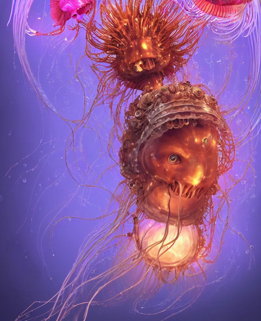 Image similar to close-up portrait of the face of a beautiful princess in a twisted flowers jellyfish mask in a spaceman suit surrounded by energy flow, epic angle and pose, symmetrical artwork, 3d with depth of field, blurred background, floating jellyfish skull phoenix bird, translucent, nautilus, energy flows of water and fire. a highly detailed epic cinematic concept art CG render. made in Maya, Blender and Photoshop, octane render, excellent composition, cinematic dystopian brutalist atmosphere, dynamic dramatic cinematic lighting, aesthetic, very inspirational, arthouse. y Greg Rutkowski, Ilya Kuvshinov, WLOP, Stanley Artgerm Lau, Ruan Jia and Fenghua Zhong