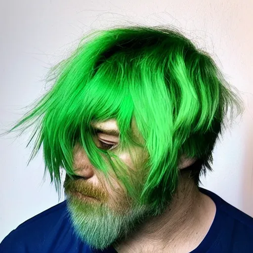 Image similar to a sad man with green hair