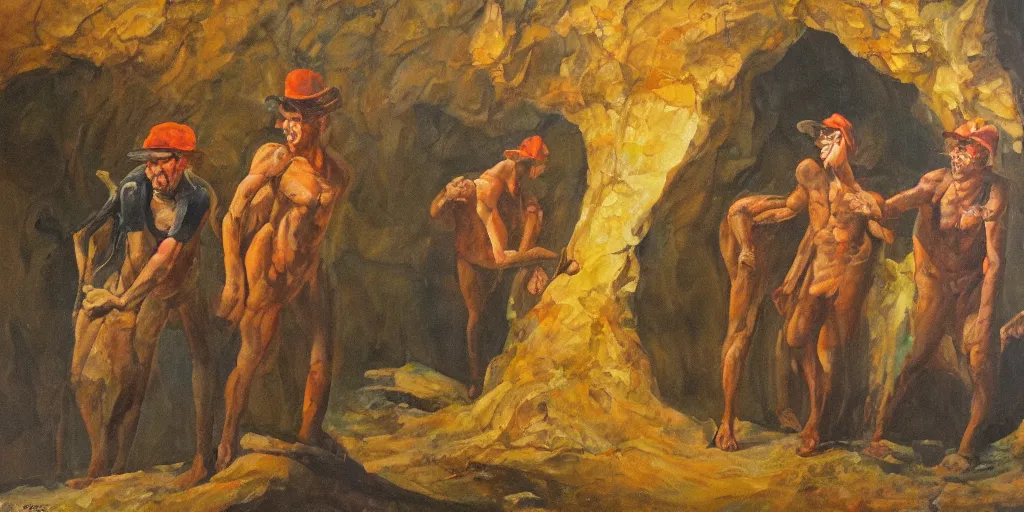 Prompt: three explorers looking for the answers to life's greatest riddles inside the cave of wonders, oil paint on canvas