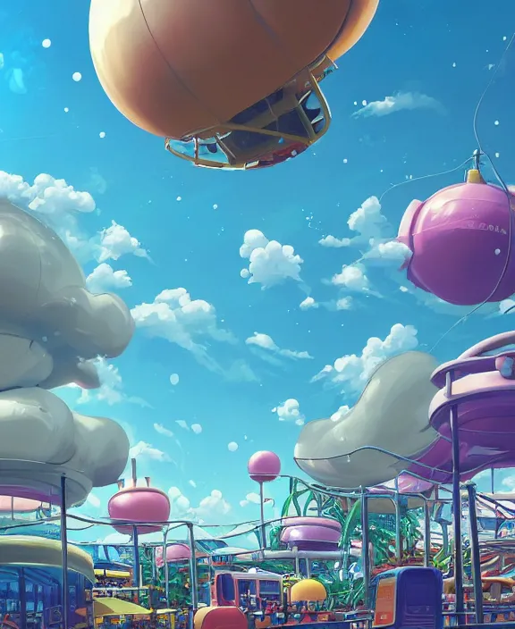 Image similar to a puffy inflated amusement park made out of fat seamless alien creatures, in the style of an aerodynamic obese robot, overgrown with thick orchids, partly cloudy, moody, dramatic lighting, by dan mumford, yusuke murata, makoto shinkai, ross tran, cinematic, unreal engine, cel shaded, featured on artstation, pixiv