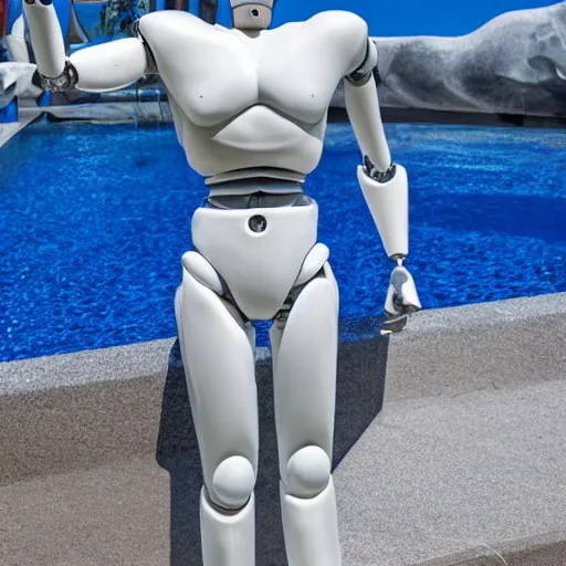 Image similar to made of ice, a realistic detailed photo of a guy who is an attractive humanoid who is half robot and half humanoid, who is a male android, on display, blank stare, showing off his muscles, shiny skin, posing like a statue, by the pool, frozen ice statue, twitch streamer / gamer ludwig, humanoid robot