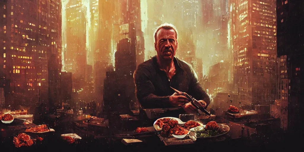 Image similar to Die Hard movie but John McLane is eating meatballs all the time , Greg Rutkowski, Darek Zabrocki, Karlkka, Jayison Devadas, Phuoc Quan, trending on Artstation, 8K, ultra wide angle, pincushion lens effect.