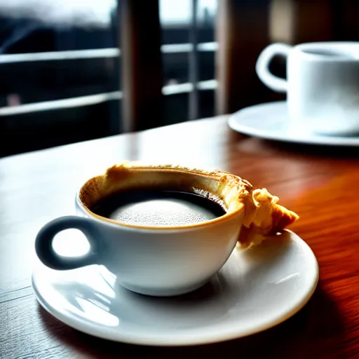 Image similar to realistic detailed photo of a steaming cup of coffee on a saucer with a flaky pastry on the side and a coffee spoon next to it on the table in a hotel lobby, liminal, hdr, volumetric lighting, dim light, diffuse light, depth of field