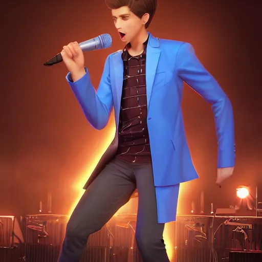 Image similar to a handsome young man with sandy brown hair and blue eyes singing into a neon blue microphone headset posing on stage. dynamic pose. line of action. concert. cinematic lighting. medium shot photorealistic. hyper realism. ray tracing hdr. intricate detailed masterpiece. by bouguereau and shigenori soejima. lifelike.