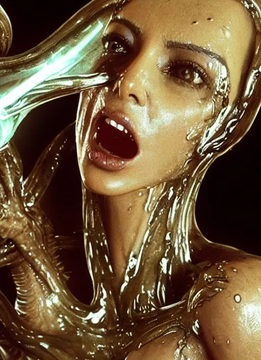 Image similar to film still of kim kardashian being licked by an xenomorph slathered in a transparent alien liquid, wet flowing hair, gooey skin, illustration, unreal engine 5, 8 k, directed by h. r. giger.