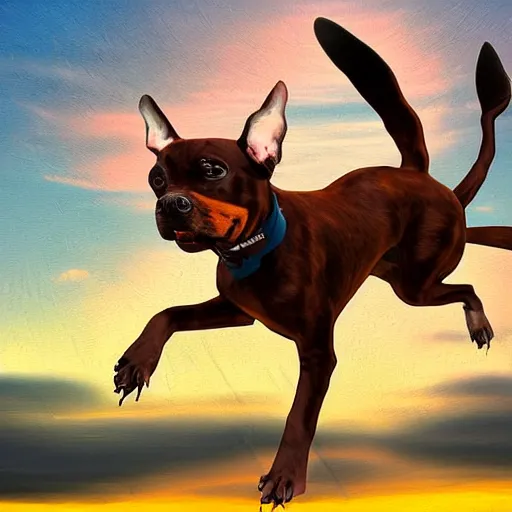 Image similar to flying dog with propeller on it's back flying like a helicopter, digital art, highly detailed