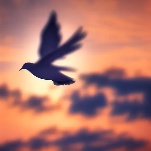 Prompt: Realistic shot of a radiant glowing dove flying over the clouds at sunset, ethereal, vintage photograph, film grain, surreal, awe-inspiring, highly detailed