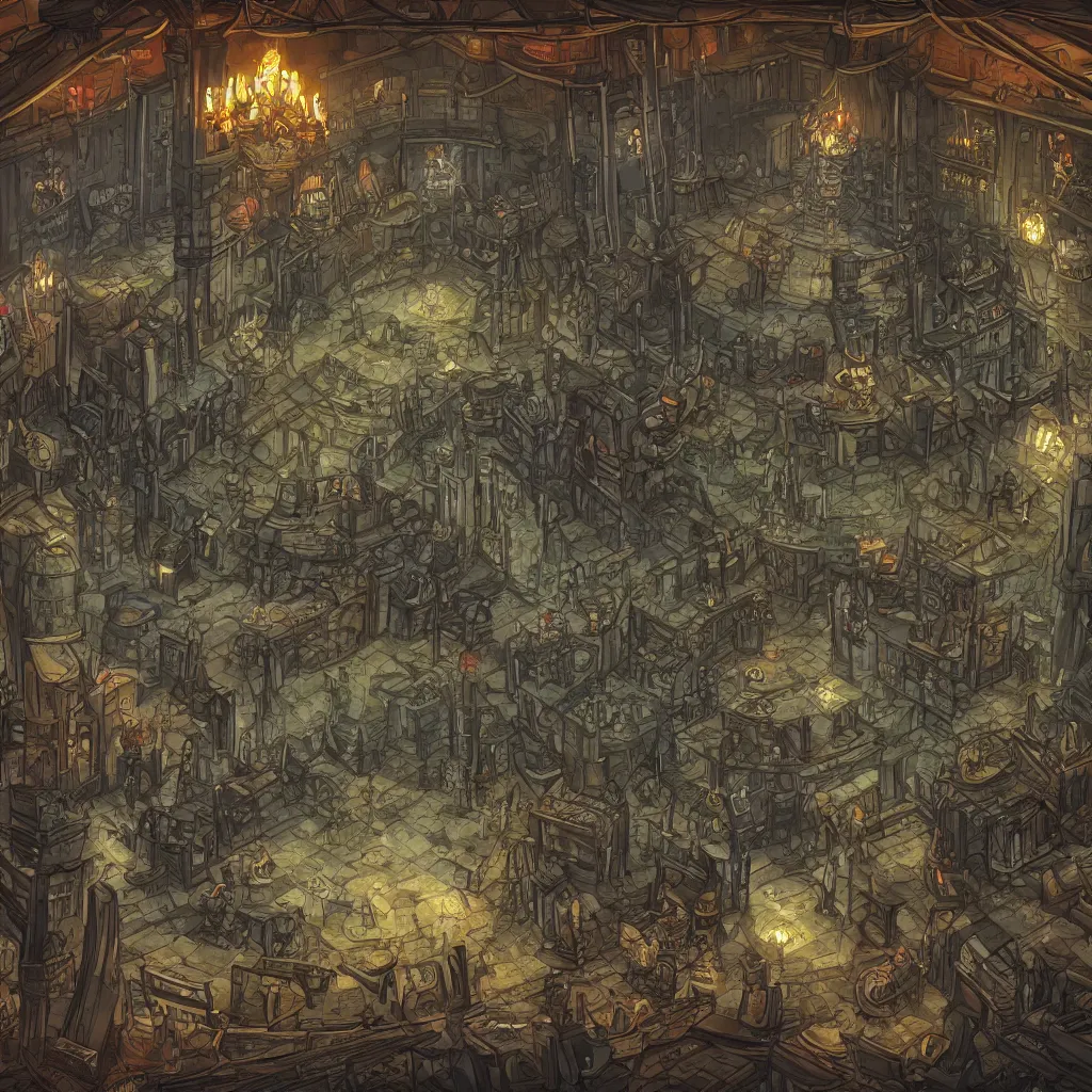 Image similar to An intensely bureaucratic villains lair with dozens of henchman doing paperwork, gridless DND map, 8k digital art, high quality,