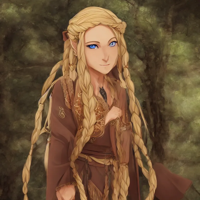 pretty elf girl wilth long brown hair in a forest wi...