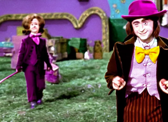 Image similar to film still of Daniel Radcliffe as Willy Wonka in Willy Wonka and the Chocolate Factory 1971