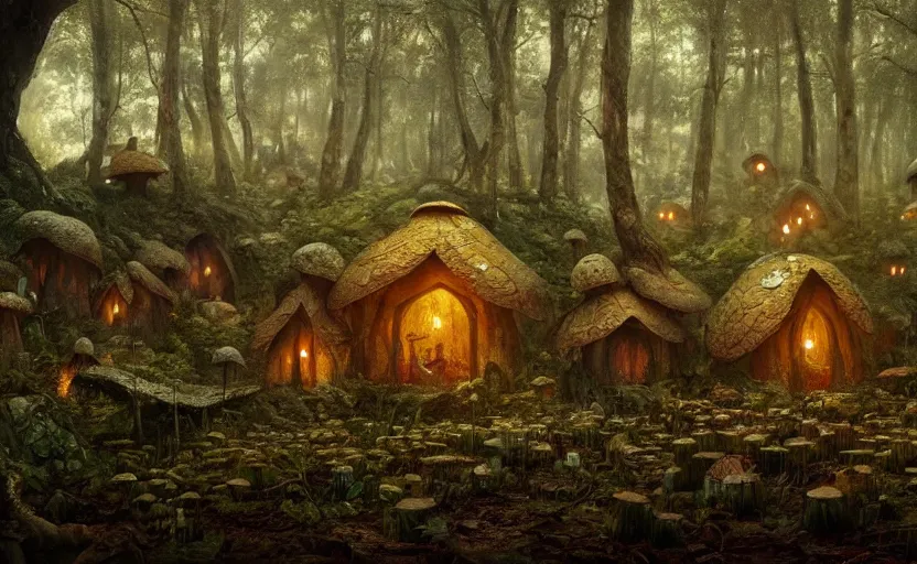 Image similar to A mushroom house in the foreground, other mushroom houses in the background, in a dark forest, macro, mysterious matte painting by greg rutkowski and marc simonetti and Ivan Shishkin