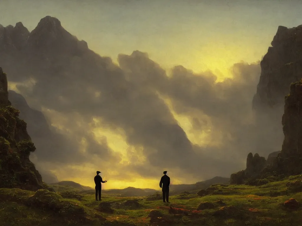 Image similar to romantic painting, wide shot of a lone gentleman in 1 9 th century clothing ( watching an enormous television screen playing a football game )!!!!!! in front of a mountain scene at sunrise, highly detailed, sublime, hyperrealistic, painted by caspar david friedrich and albert bierstadt, trending on artstation 8 k