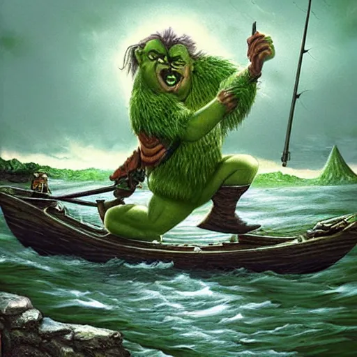 Prompt: an ugly green troll singing, sat on a fishing boat, fantasy art, digital art, larry elmore, jeff dee, john blanche, fighting fantasy, d & d