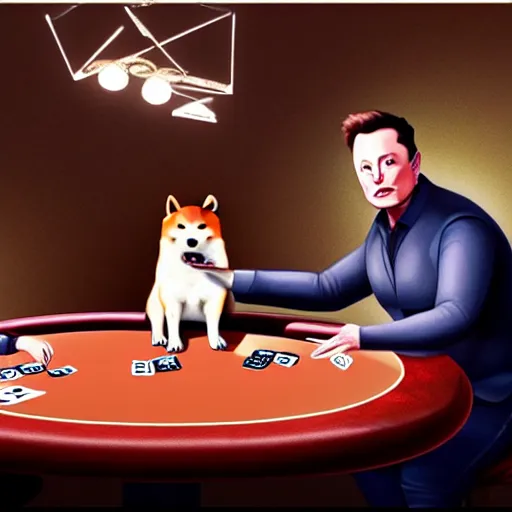 Image similar to UHD photorealistic Elon Musk playing poker with Shiba Inu hyperrealistic, correct details, cosmic dynamic lighting, symmetrical faces, accurate faces, in the style of art nouveau