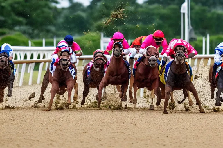 Image similar to an award winning shot a horse racing track with racing bulldogs that are winning the race at the finish line