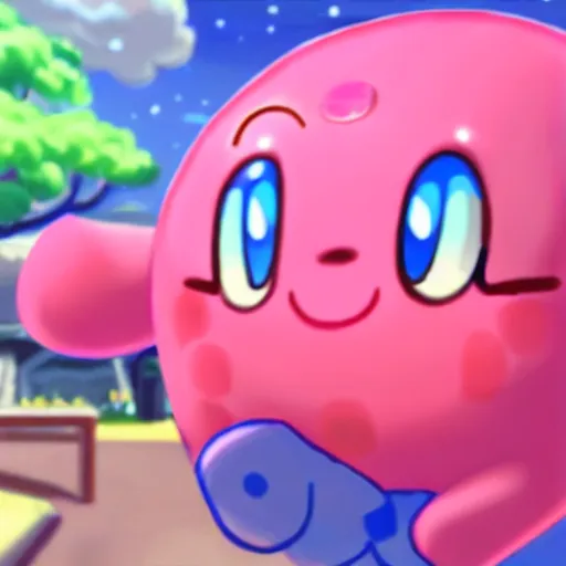 Prompt: photo of kirby from nintendo in casual clothes, pink kirby walking, kirby walking down the street in casual clothes, he looks cool