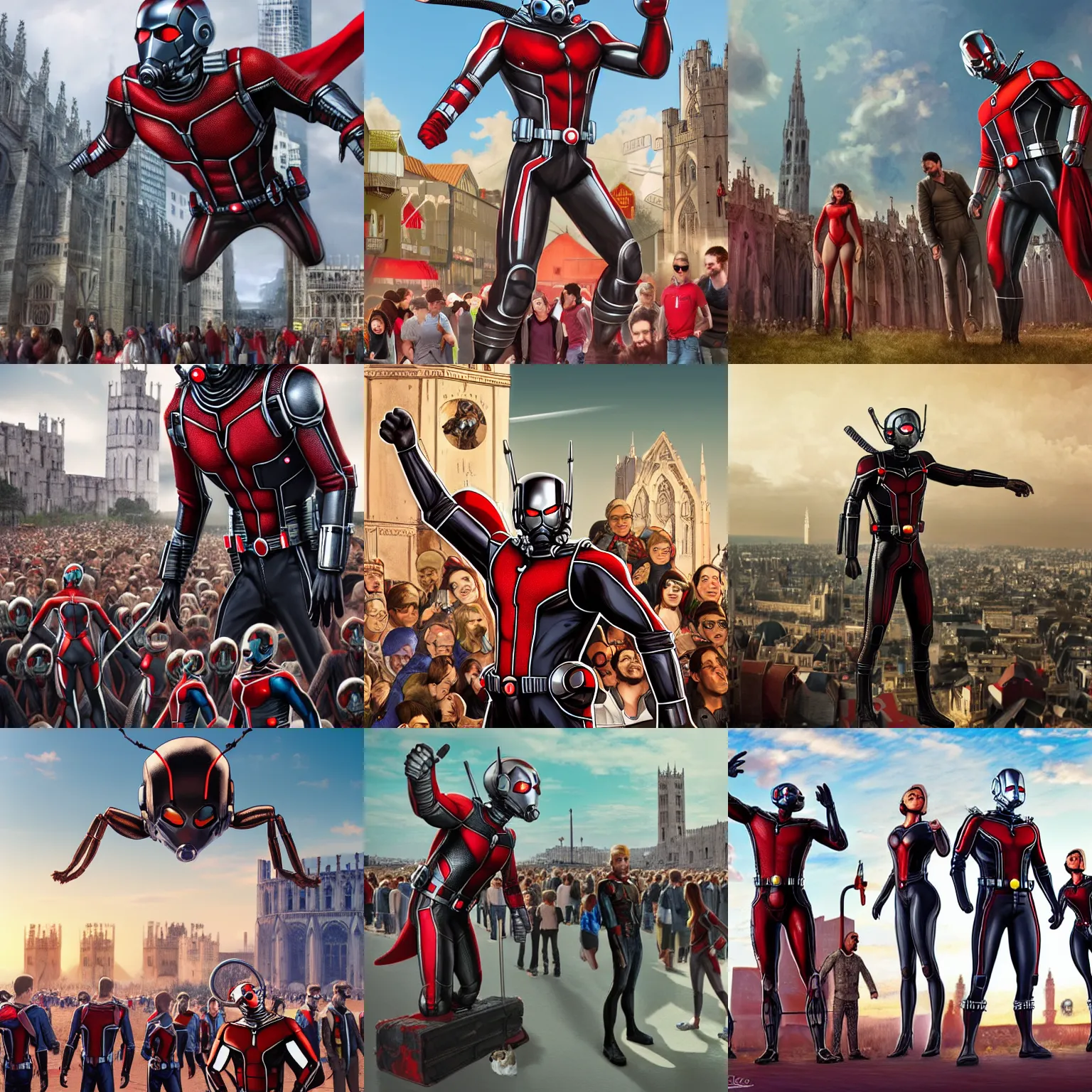Prompt: Giant Ant-Man stands next to Canterbury, surrounded by people, digital art, trending on ArtStation, Gulliver's Travels