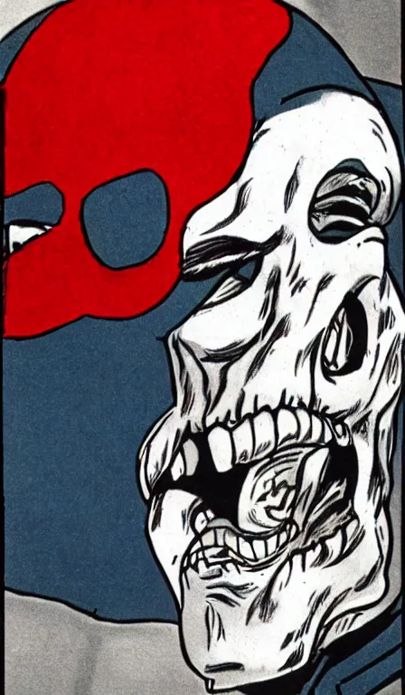 Prompt: Hanna Babera cartoon still of The Red Skull, close-up view