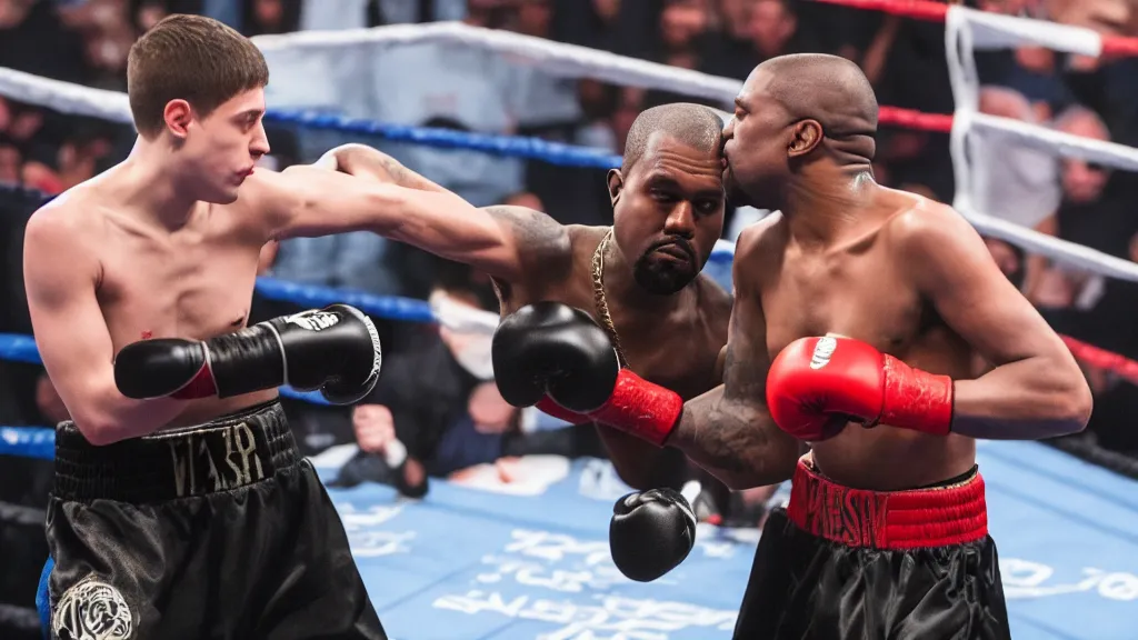 Image similar to kanye west versus pete davidson boxing match, cinematic, photo realistic, cinematic lighting, 8K HDR