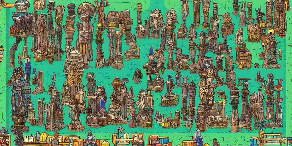 Prompt: Afrofuturism ecotopia metropolis 2d side scrolling action game map. tall Thoth, Anubis and Horus statues. Comic Book style