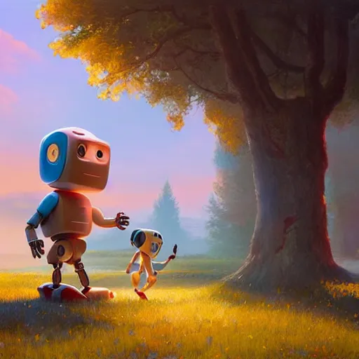 Image similar to cottagecore illustration of children playing with a smiling roboton a peaceful morning, pixar and disney animation, sharp, rendered in unreal engine 5, art by greg rutkowski, bloom, dramatic lighting, sunrise