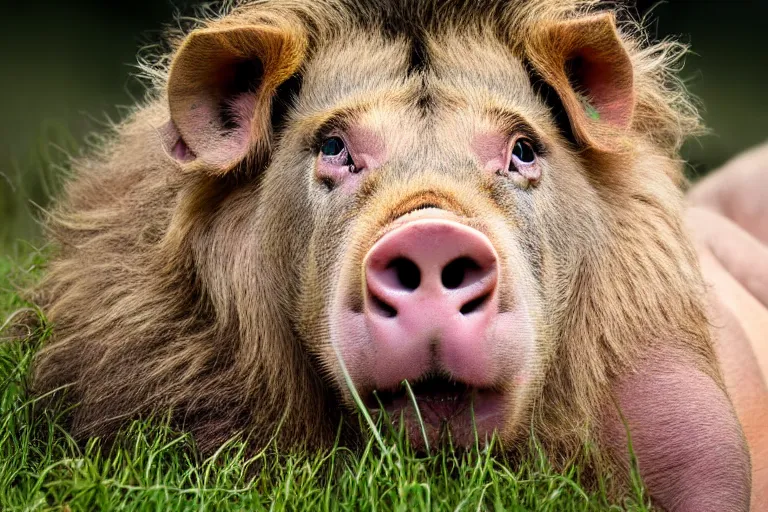 Prompt: a pig lion!!! hybrid! hyper realistic!! realistic lighting!! wildlife photographer of the year!!! bold natural colors, national geographic, hd, wide angle, 8 k