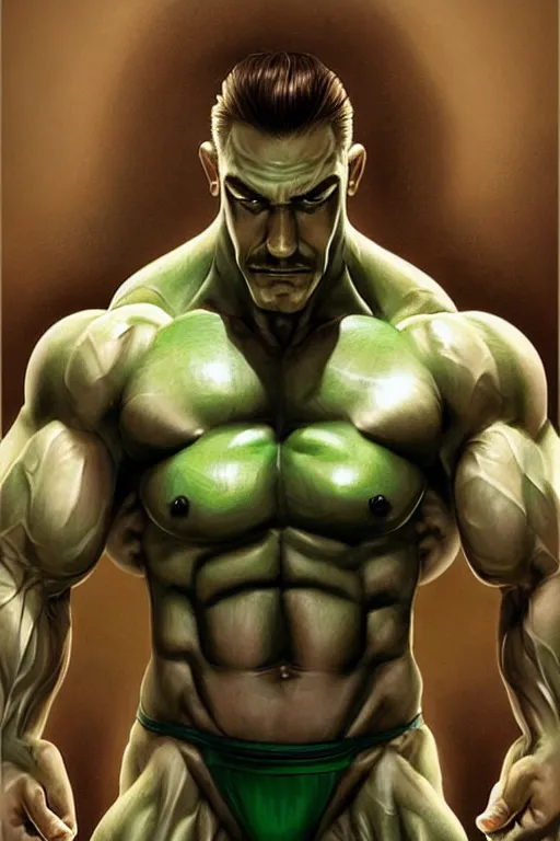 Image similar to muscular luigi wearing a green jumpsuit by ilya kuvshinov, bodybuilder ernest khalimov, super mario bros symmetrical face concept art, hyper realistic, intricate, elegent, highly detailed, digital painting, concept art, smooth, sharp, focus, illustration, art by artgerm and greg rutkowski and alphonse mucha, artstation