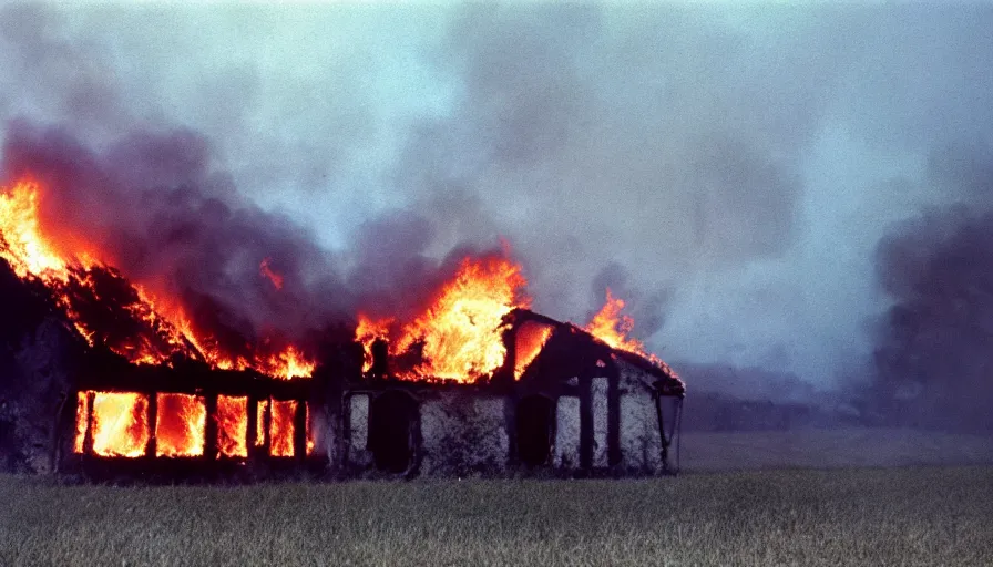 Prompt: 1 9 7 0 s movie still of a burning french village's house in a field, cinestill 8 0 0 t 3 5 mm, high quality, heavy grain, high detail, texture, dramatic light, ultra wide lens, panoramic anamorphic, hyperrealistic