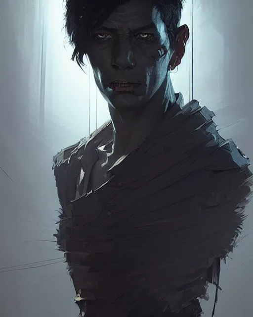 Prompt: professional concept art portrait of a diesel punk man with short black hair in a dark room by artgerm and greg rutkowski. an intricate, elegant, highly detailed digital painting, concept art, smooth, sharp focus, illustration, in the style of cam sykes, wayne barlowe, igor kieryluk.
