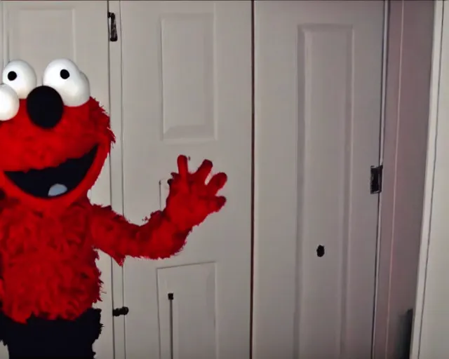 Image similar to scary elmo with long, slim, gangly arms, horror, slenderman, terror, night cam footage