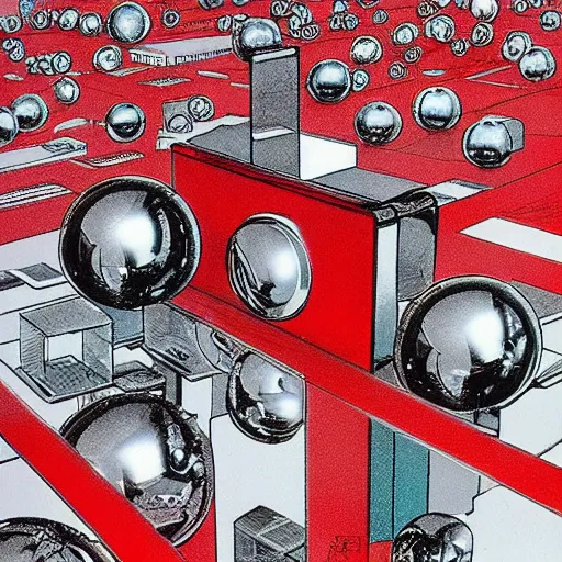Prompt: chrome spheres on a red cube by katsuhiro otomo