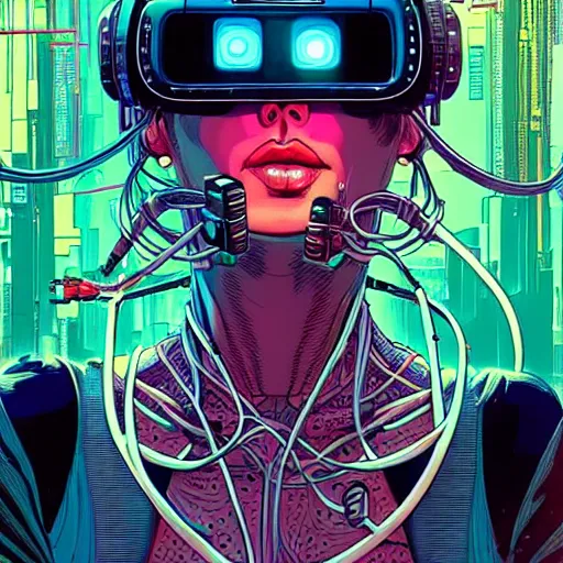 Prompt: a portrait of a beautiful cybernetic woman wearing virtual reality headset, cigarette in mouth, wires, cyberpunk concept art by josan gonzales and philippe druillet and dan mumford and enki bilal and jean claude meziere