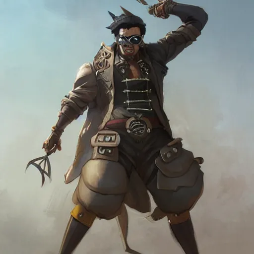 Prompt: character design, steampunk thug, blades and gadgets, backlit, musclebound and hulking, glamor hairstyle, persian, unibrow, male, Studio Ghibli painting concept by Greg Rutkowski