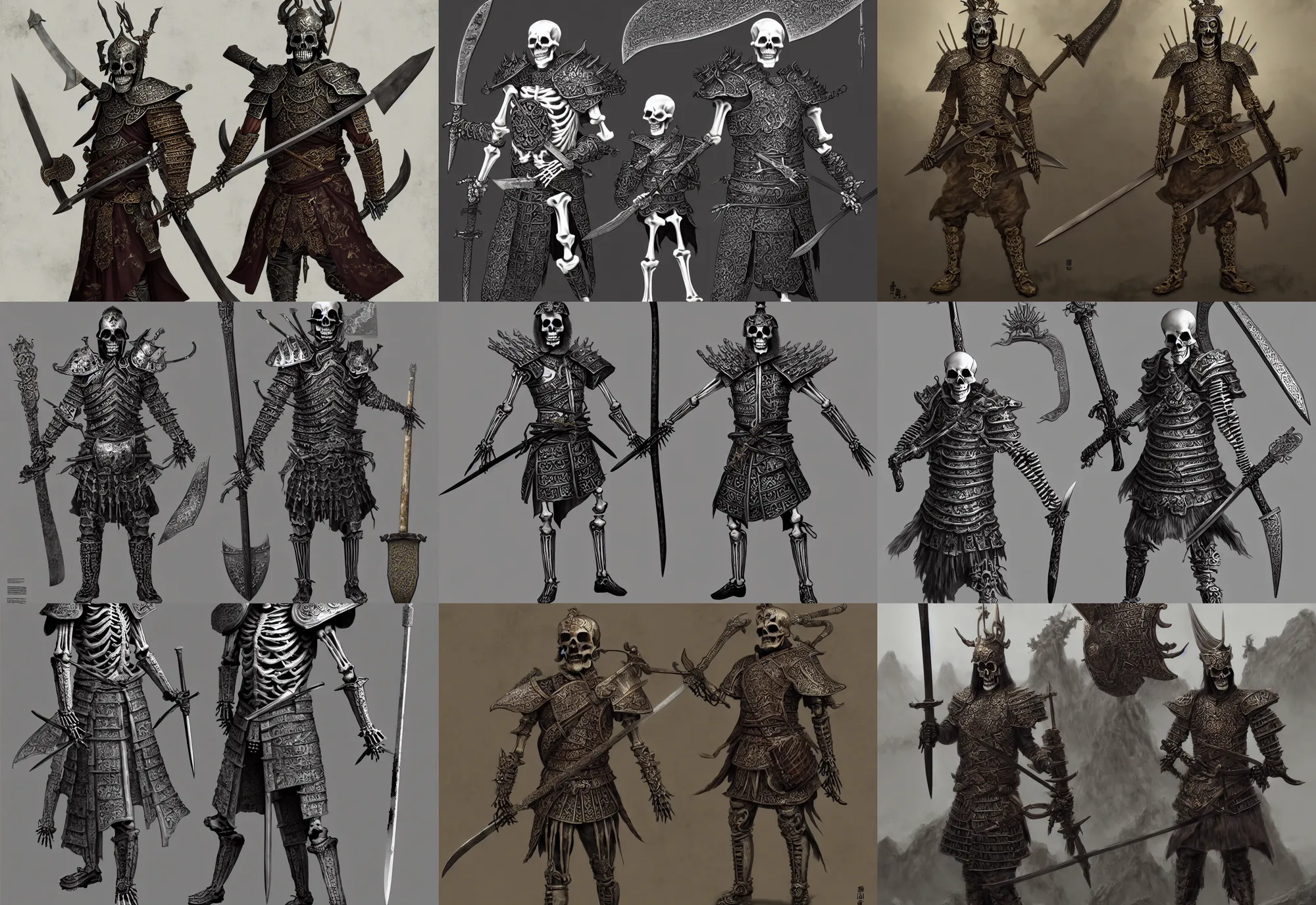 Prompt: tang dynasty mingguang armor, skeleton general, a long sword, a giant axe, dark fantasy palace of bad omens, a chinese throne, white stone steps seeping blood, 3 d, unreal engine, maxfield parrish and marco mazzoni, trending on artstation