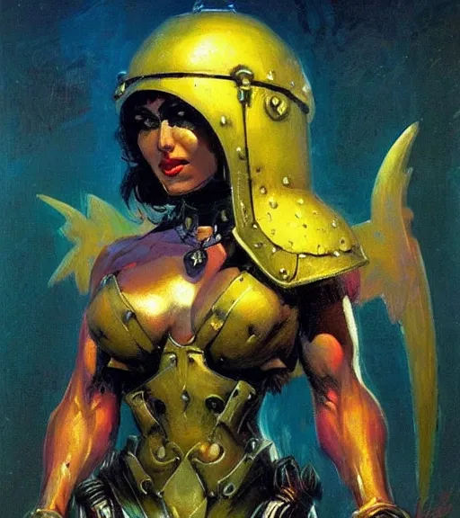 Prompt: portrait of strong iranian female chaos angel, beautiful! coherent! by frank frazetta, by brom, strong line, vivid neon color, shining metal power armor, iron helm, high contrast, maximalist