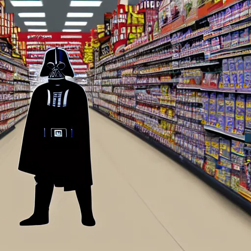 Prompt: Darth Vader contemplating which brand of cereal to buy while shopping at Walmart, 4k digital art