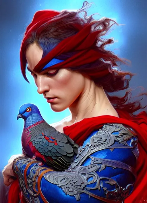 Image similar to portrait of aggressive pigeon humanoid, d & d, muscular! blue and red, fantasy, intricate, elegant, highly detailed, digital painting, artstation, concept art, smooth, sharp focus, illustration, art by artgerm and greg rutkowski and alphonse mucha