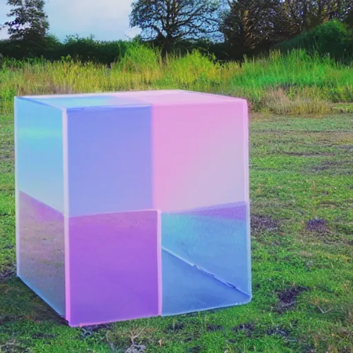 Image similar to a pastel coloured Polaroid photo of a large cube made of transparent iridescent perspex stood in a field, beams of light, nostalgic