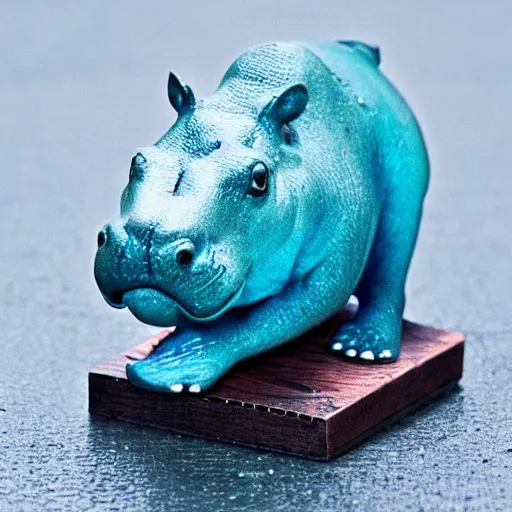 Image similar to small hippopotamus sculpture on a desk half wood and half blue epoxy sculpture, mix, decorative small, 3 5 mm macro photography, studio