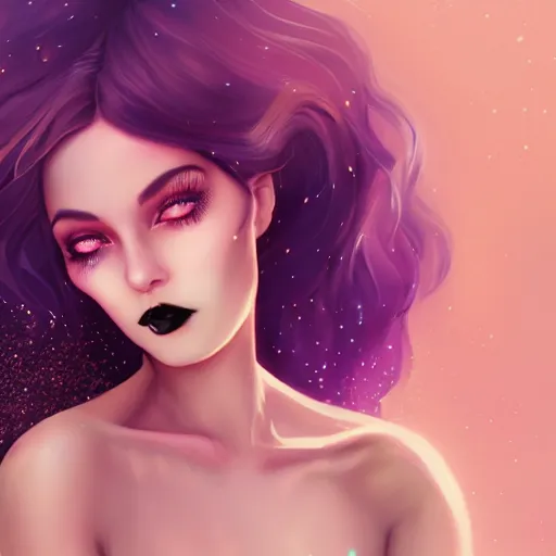 Prompt: portrait of a woman inspired by lois van baarle, charlie bowater, anna dittmann, illustration, iridescent, iridescent hair, face, hair styles, gothic makeup, glitter, self confidence, cinematic 8 k