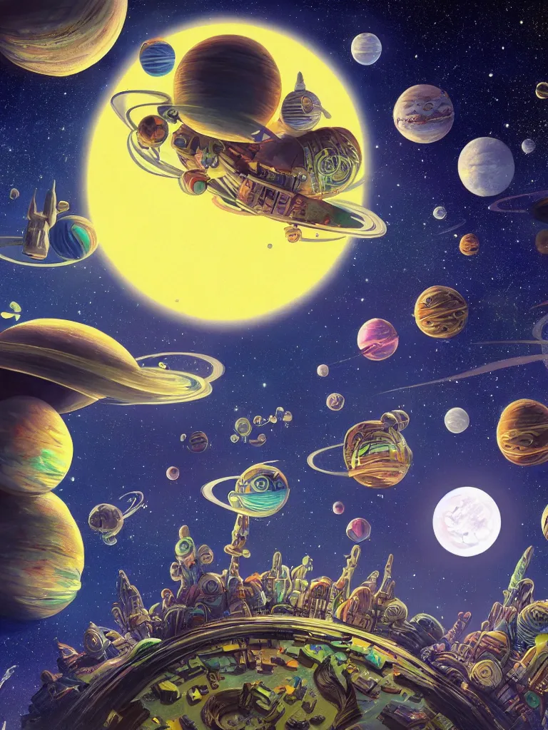 Prompt: detailed concept art of a fantastic space city on a tiny planet with multiple little moons and maybe some cute satellites against a breathtaking sky, by dr seuss and bob ross