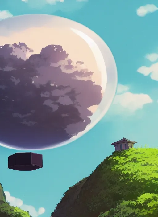 Image similar to an asymmetrical cell - shaded studio ghibli concept art study of a black cube inside a bubble in the sky. wide shot, very dull colors, hd, 4 k, hq