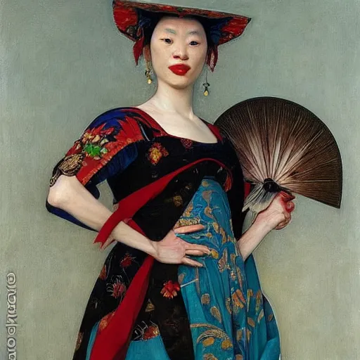 Image similar to portrait of a female east asian jester, by donato giancola and michelangelo merisi da caravaggio.