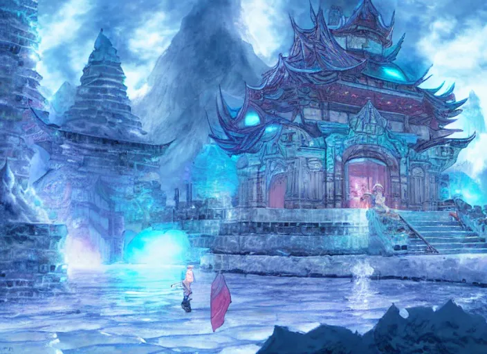 Image similar to Fantasy ice temple. hidari, color page, tankoban, 4K, tone mapping, Akihiko Yoshida.