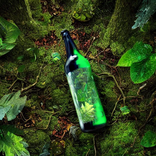 Prompt: a green eldritch coke bottle in an overgrown forest viewed from the sky by Marek Okon, god rays, fantasy art, 4k, HDR, photorealistic, 8k, trending on artstation