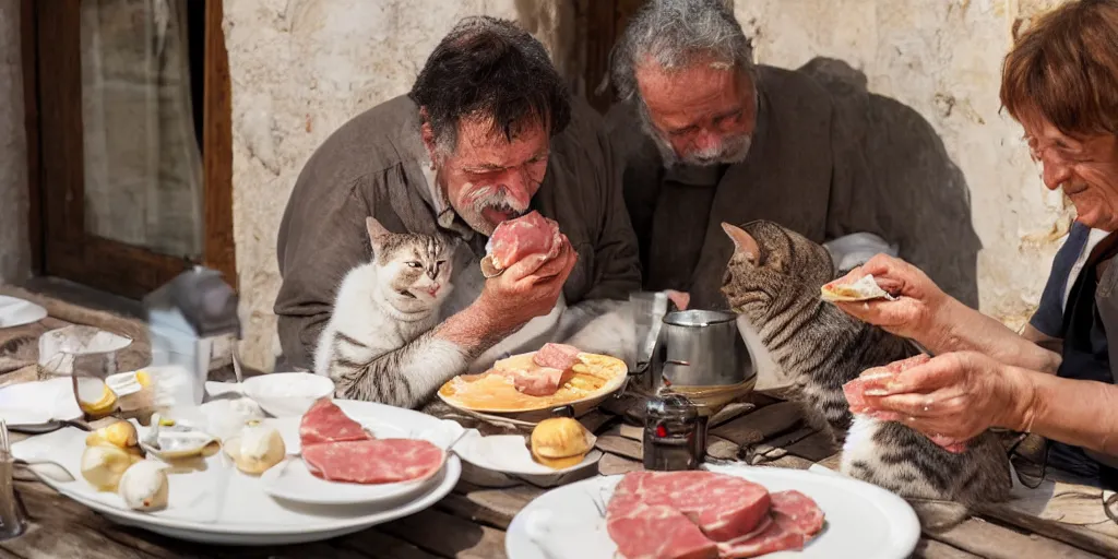 Image similar to photography of a cat sharing mortadella with his loved owner at a trullo house, photoreal, 3 5 mm, award winning photography