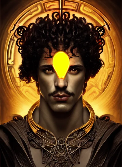 Prompt: portrait of greek god ares, black curly hair, glowing eyes, volumetric lights, war, yellow red scheme, art nouveau botanicals, gothic, intricate, highly detailed, digital painting, artstation, concept art, smooth, sharp focus, symmetric face, illustration, steampunk, art by artgerm and greg rutkowski and alphonse mucha